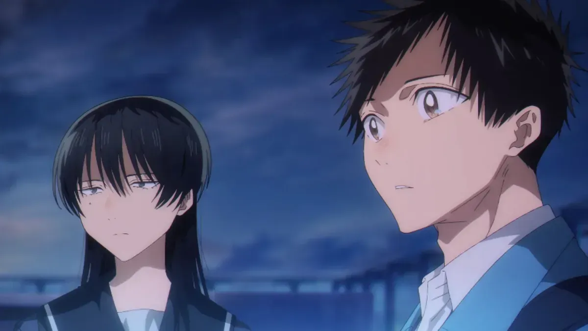 Yumeka, a girl with long black hair in a sailor uniform, looks away coldly while Taiki stares past her in surprise under a dusk sky, in a still from Blue Box season 2, episode 2