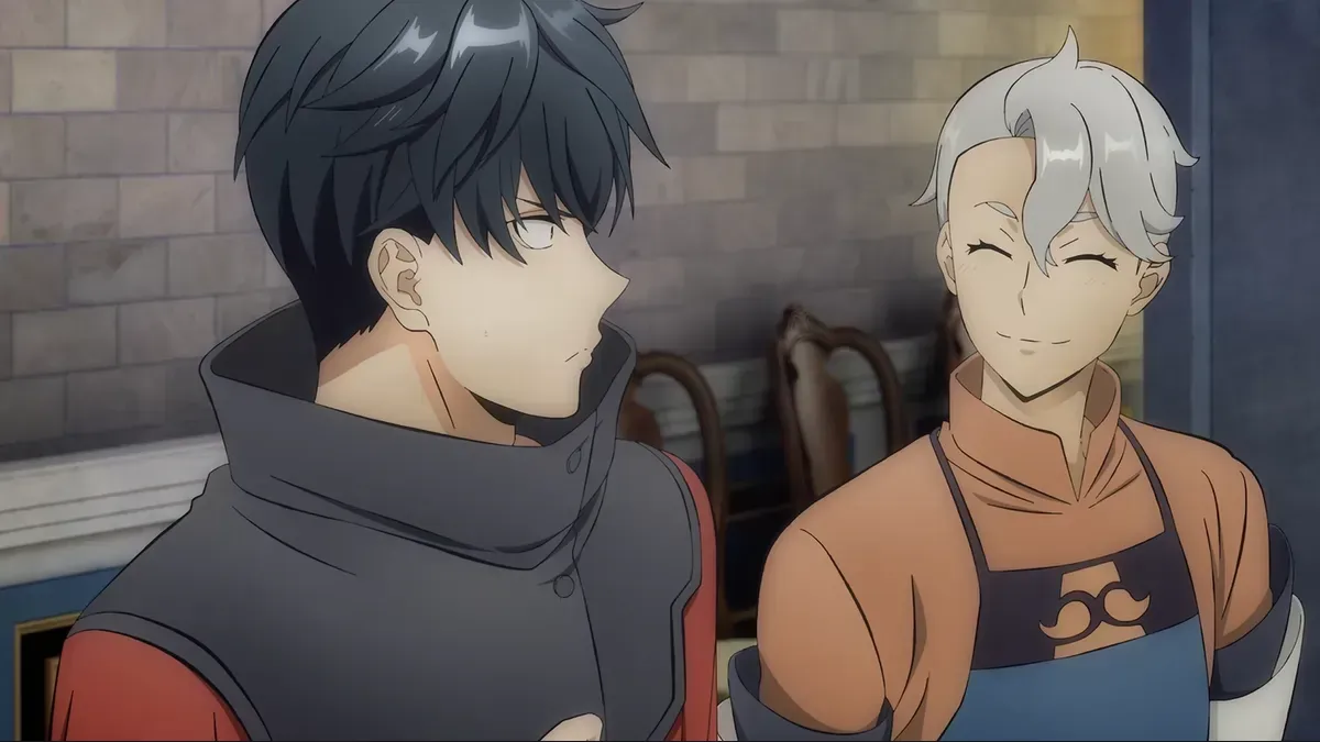 A dark-haired young man in a high-collared grey vest looks sideways at a smiling silver-haired person in an apron, in a still from the Overgeared anime